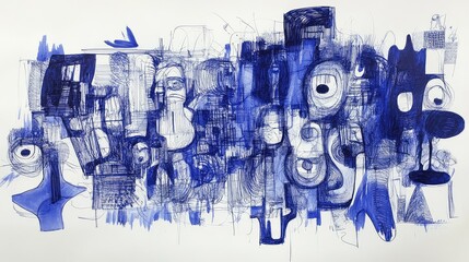 Poster - Abstract Expression of Emotions Through Blue Hues and Distorted Forms in an Intricate Composition that Evokes Imagination and Thought