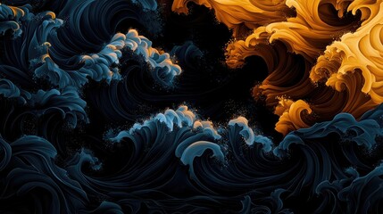 Fototapete - Abstract Waves in Shades of Blue and Gold Tones on Dark Background
