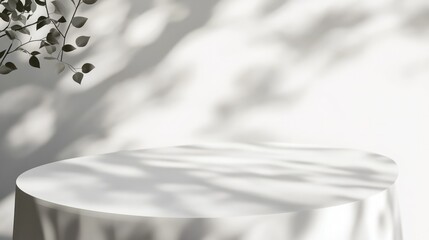 Poster - Minimalist Table with Soft Shadows from Leaves Against a Neutral Background, Perfect for Displaying Products in a Calm and Serene Setting