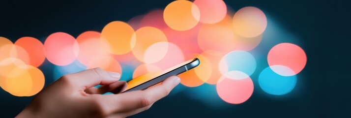 Fototapete - Digital Connectivity Pulse Immersive Smartphone Experience Revealing Gen Zs Hyperconnected Lifestyle through Luminescent Bokeh Interaction