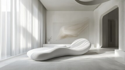 Poster - Modern Minimalist Interior Design Featuring a Curved White Chaise Lounge in a Sunlit Room with Sheer Curtains and Soft Textures