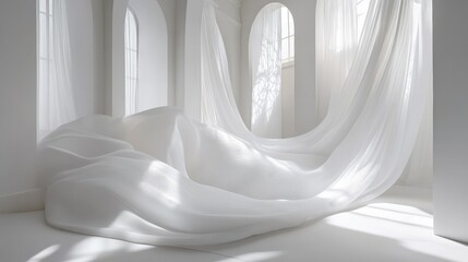 Poster - Ethereal White Drapery Flowing Gracefully in a Bright Minimalist Space with Soft Light Filtering Through Arched Windows and Creating Gentle Shadows