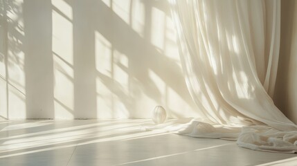 Poster - Soft Natural Light Filtering Through Sheer Curtains, Creating Beautiful Shadows and Patterns on Minimalist Interior Space with Textured Fabrics and Decorative Glass Sphere