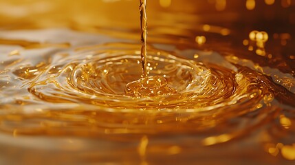 Poster - Liquid pouring, forming circular ripples in a golden surface, close-up view, abstract backdrop