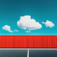 Poster - Industrial Minimalism Bold Red Shipping Container Visualizing Global Logistics and Trade Innovation in High-Contrast Urban Landscape Design