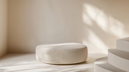 Aufkleber - Minimalist Zen Furniture Soft Textured Linen Ottoman in Neutral Palette - Contemporary Interior Design and Wellness Styling Concept