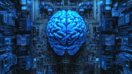 Poster - Blue Human Brain Surrounded by Circuit Board Technology Representing Artificial Intelligence and Neural Network Advancements in Modern Science and Technology