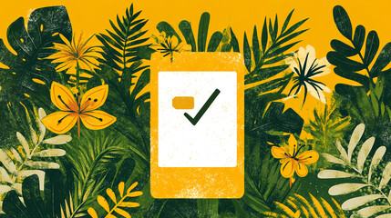 Poster - Mobile check-in action amidst vibrant tropical plants digital content in lush environment close-up view
