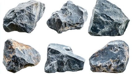 Poster - Diverse Collection of Textured Dark Natural Stones and Rocks Isolated on White Background for Backgrounds, Art, or Creative Projects in Various Applications