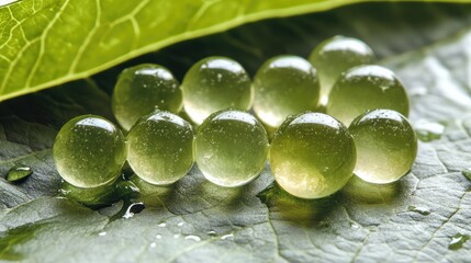 Poster - Close-Up of Transparent Green Gel Balls on Fresh Green Leaf with Water Droplets, Showcasing Organic Elements and Natural Beauty in a Serene Setting