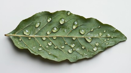 Poster - Close-up of a Single Fresh Green Leaf with Water Droplets Glistening on Its Surface, Showcasing Nature's Beauty and Intricate Patterns of Nature