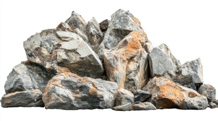 Poster - Pile of Natural Beige and Gray Rocks Isolated on White Background for Textures, Nature, Landscaping, and Raw Material Uses in Various Projects