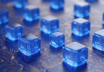 Poster - blue transparent cubes on a circuit board background with technology theme and abstract design eleme