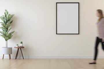 Poster - Minimalist Interior Mockup Scandinavian-Inspired Living Space with Biophilic Design, Blank Frame, and Dynamic Urban Motion Aesthetic