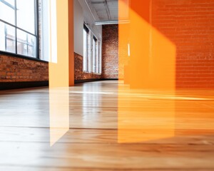 Aufkleber - Urban Minimalist Interior Design Vibrant Orange Gradient Light Study in Industrial Loft Space with Exposed Brick and Warm Architectural Styling