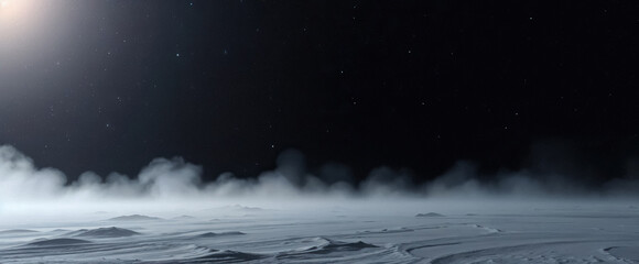 Poster - misty cold alien planet landscape under starry night sky with bright light in distance