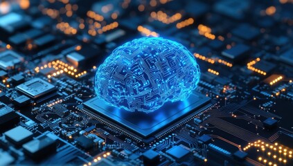 Poster - Bright Blue Digital Brain Over Circuit Board with Glowing Elements Representing Artificial Intelligence Technology and Data Processing Concepts