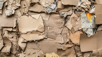 Poster - Abstract background of mixed and torn cardboard pieces stacked together, showcasing textures, colors, and patterns, ideal for creative and artistic projects