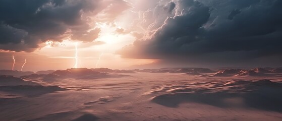 Poster - dramatic lightning bolts flashing across a moody desert sky at dusk creating a powerful and cinemati