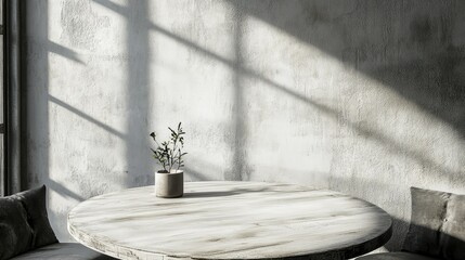 Poster - Serene Minimalist Table Setting with Potted Plant and Soft Shadows in Light-Filled Contemporary Interior Design Space for Tranquil Moments and Aesthetic Appeal