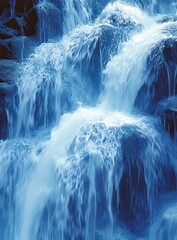Poster - Cascading Waterfall Flowing Over Rocks in a Serene Natural Environment with Refreshing Blue Tones and Gentle Splashes of Water Creating a Calming Scene