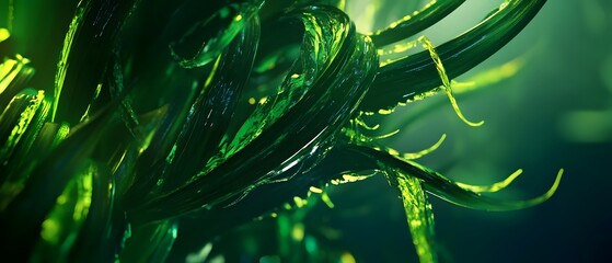 Poster - Mesmerizing green foliage with dew droplets and flowing glass like textures creating a serene natural and visual  Closeup shot of organic patterns vibrant colors