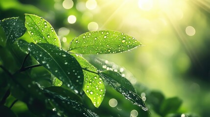 Poster - Fresh Green Leaves with Water Droplets in Sunlight, Capturing Nature's Beauty and Tranquility in a Serene Outdoor Environment