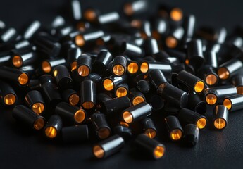Poster - Close-Up of Black and Orange Small Cylindrical Objects on a Dark Background, Abstract Stylish Texture for Background or Artistic Use