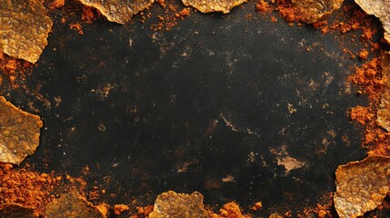 Poster - Textured Background with Dark Surface Surrounded by Rustic Brown and Orange Chipped Layers Ideal for Presenting Culinary Creations or Rustic Designs