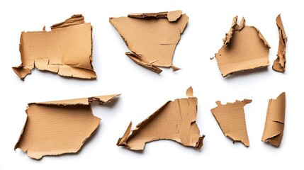 Poster - Collection of Torn and Crumpled Brown Cardboard Pieces with Random Shapes Suitable for Backgrounds or Textures in Various Design Projects and Crafts