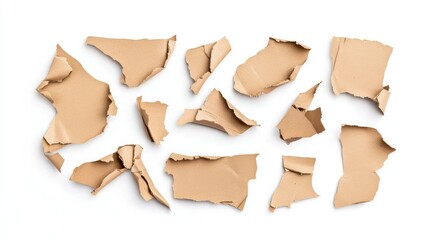 Poster - A Collection of Torn Brown Paper Pieces Isolated on White Background for Creative Projects, Scrapbooking, and Digital Designs