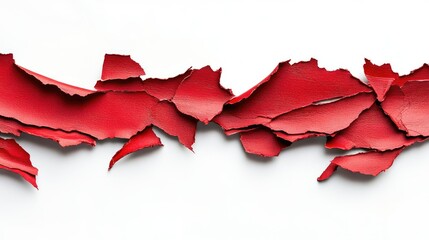 Poster - Torn Red Paper Strips with Textured Surface Set Against Clean White Background Perfect for Creative Designs and Artistic Projects Focused on Color and Texture