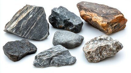 Poster - Various Rocks and Minerals Displayed on a White Background, Showcasing Unique Textures, Shapes, and Colors for Natural Science and Geology Concepts