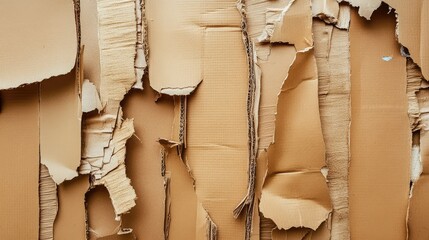 Poster - Textured Close-Up of Torn and Frayed Brown Cardboard Revealing Layers and Patterns for Artistic, Industrial, or Abstract Background Use in Various Design Projects