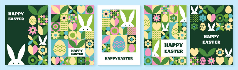 Wall Mural - set of geometric easter greeting card. abstract background with bunny, egg and flower. vector illust