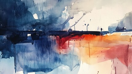 Poster - Abstract watercolor painting featuring vibrant hues of blue, orange, and red, creating a dynamic interplay of colors and textures on canvas.