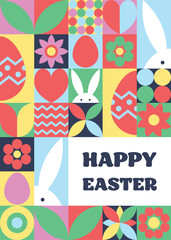 Wall Mural - geometric easter greeting card. abstract background with bunny, egg and flower. vector illustration