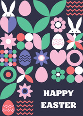 Wall Mural - geometric easter greeting card. abstract background with bunny, egg and flower. vector illustration