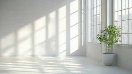 Poster - Bright and Airy Modern Interior with Large Windows Casting Shadows and Potted Plant in a Minimalist Space for Home Decor Inspiration