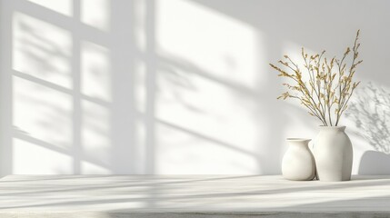 Poster - Minimalist Still Life with Simple White Vases and Dried Branches Casting Soft Shadows on a Bright Wall for Serene Home Decor Inspiration