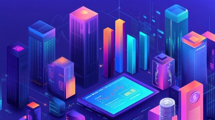 Poster - Futuristic city, data analytics, isometric view,  business growth.  Possible use stock photo