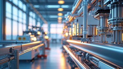 Poster - industrial manufacturing setup with modern machinery and bright lighting during evening hours