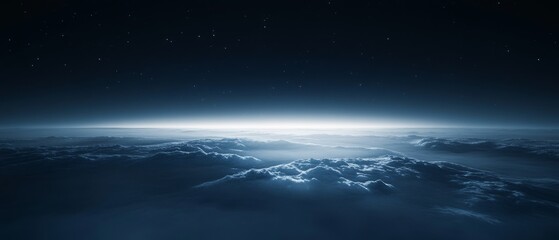 Wall Mural - Stars scattered across a vast, dark sky loom above a horizon where serene clouds float, merging celestial beauty with ethereal quietness.