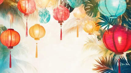 Poster - Vibrant Lanterns Hanging in Tropical Paradise with Lush Greenery and Soft Bokeh Effect, Perfect for Celebratory Festivals and Cultural Events