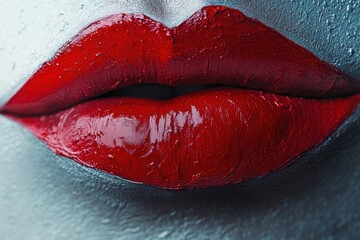 Aufkleber - Close-up of bold red lips against a shimmering silver background highlighting beauty and artistry