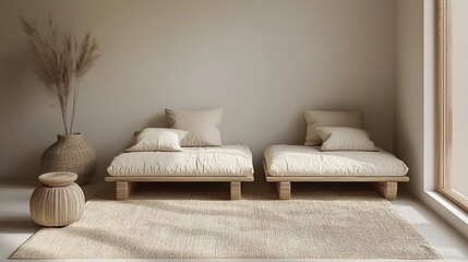 Aufkleber - Minimalist bedroom interior featuring two beds, vases, rug, and natural light backdrop