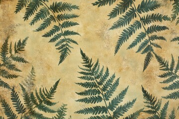 Poster - Decorative botanical pattern featuring green ferns on an aged yellow background