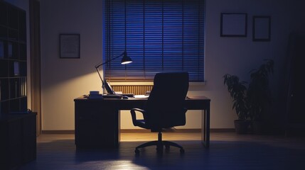 Poster - Empty office desk at night, quiet workspace, illuminated by lamp. Potential use for business or productivity themes