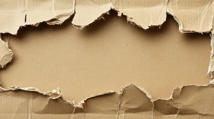 Poster - Torn Cardboard with Frayed Edges Exposing a Blank Brown Background Ideal for Text Overlays or Design Elements in Creative Projects