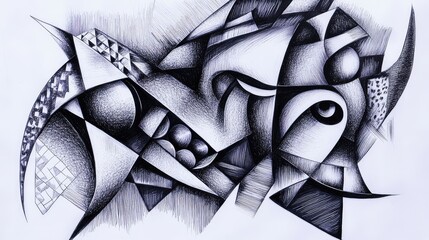 Poster - Abstract Geometric Artwork Featuring Intricate Lines, Shapes, and Patterns with a Blend of Dark and Light Elements in Monochrome Style